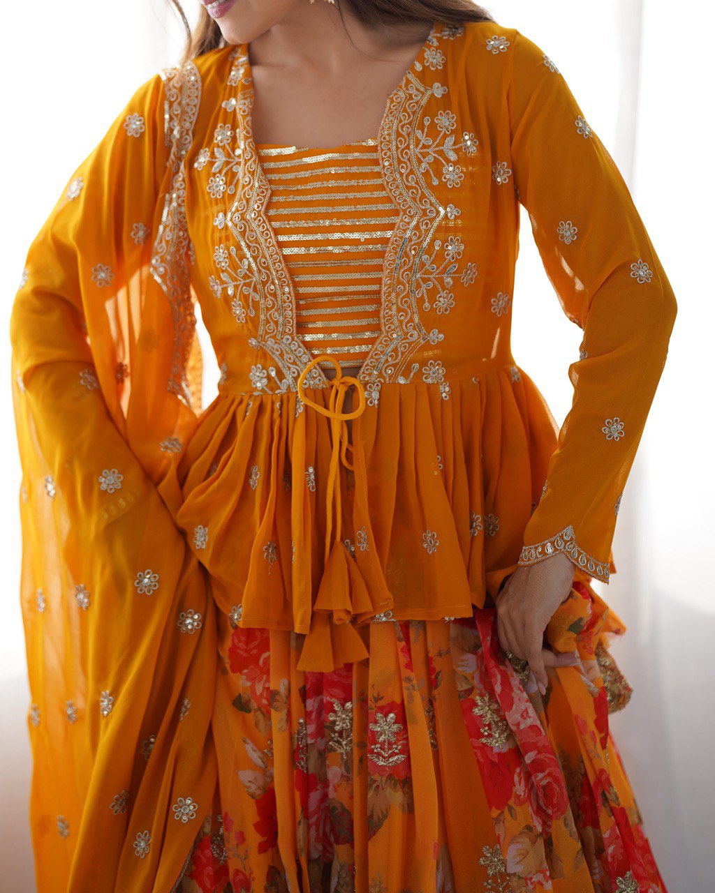 Designer Yellow Peplum Top & Floral Skirt Set - Festive & Occasion Wear