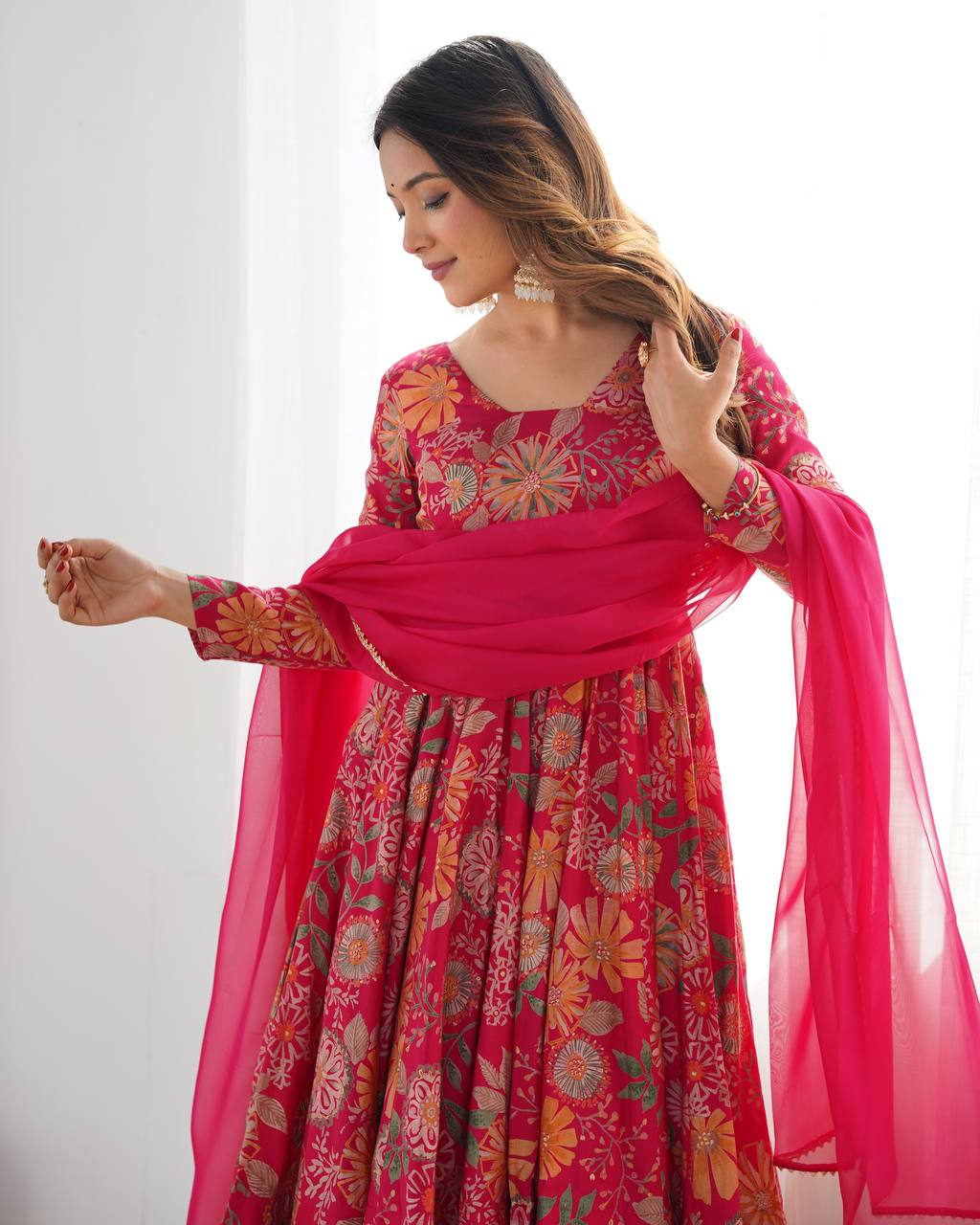 PRINT FABRIC FULLY FLAIR KEDIYA STYLE KURTA,WITH DUPPTA SET,PALAZZO