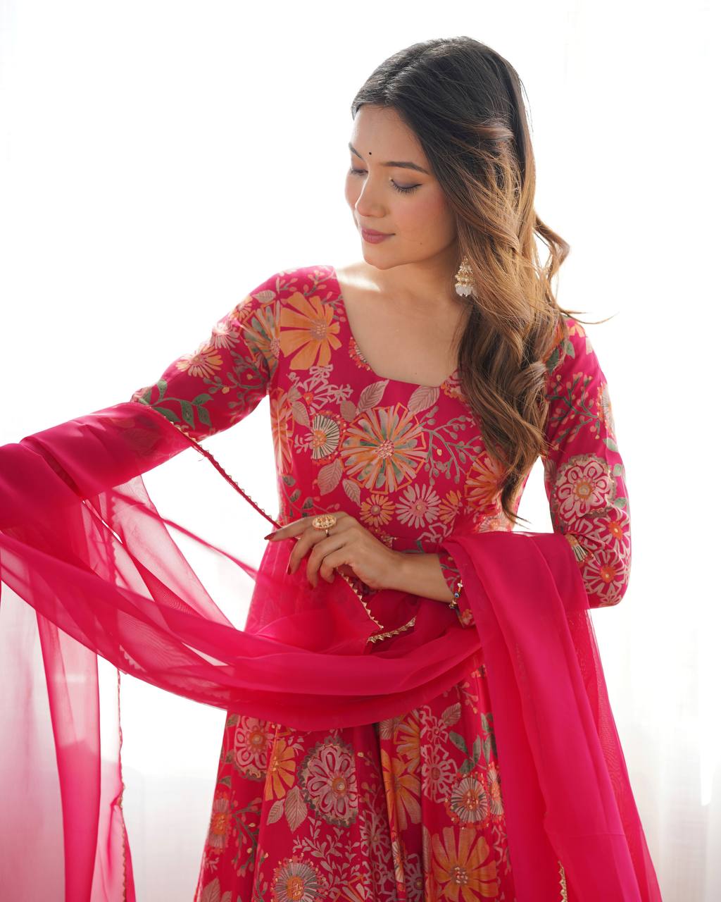 PRINT FABRIC FULLY FLAIR KEDIYA STYLE KURTA,WITH DUPPTA SET,PALAZZO