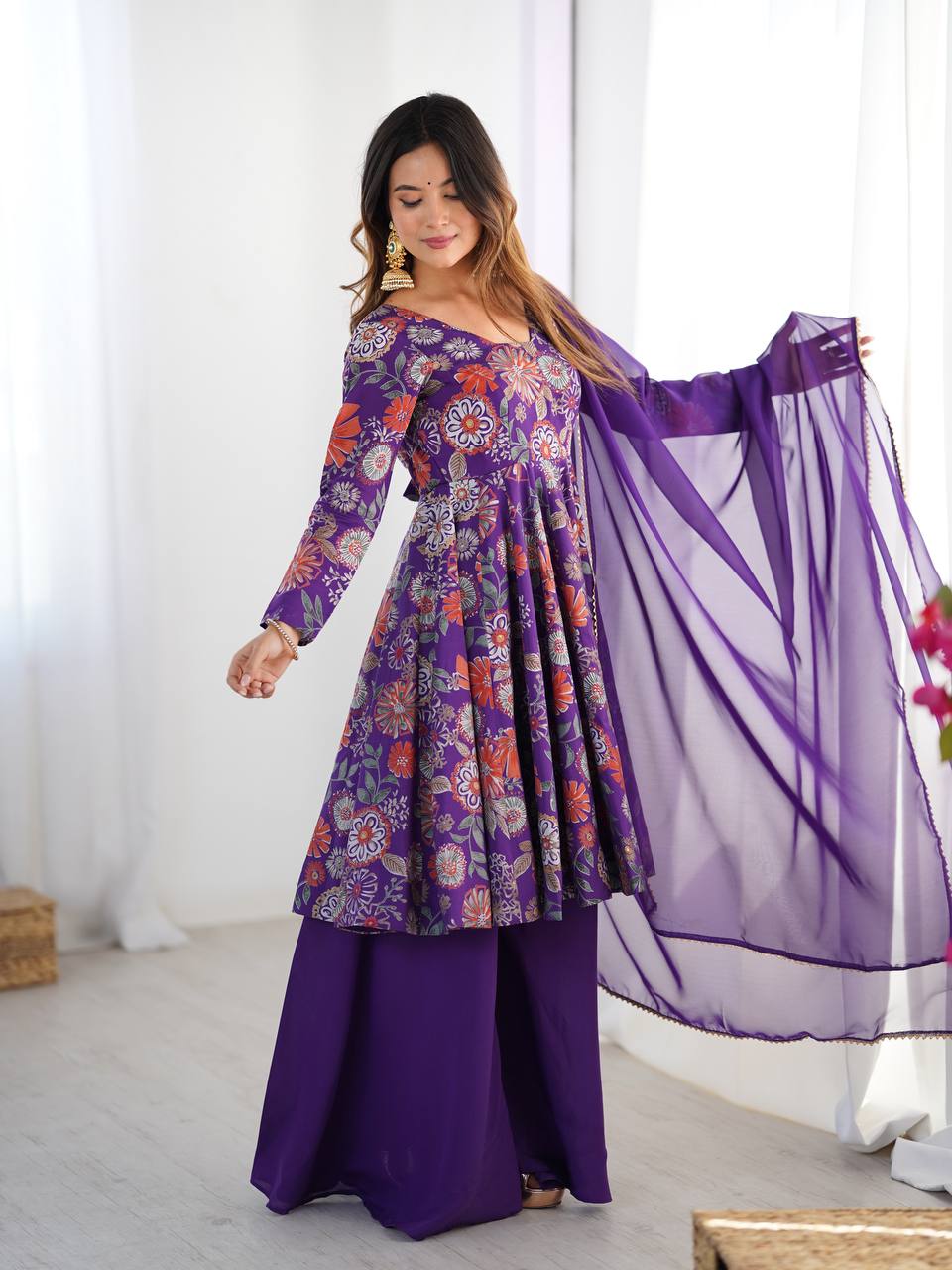 PRINT FABRIC FULLY FLAIR KEDIYA STYLE KURTA,WITH DUPPTA SET,PALAZZO