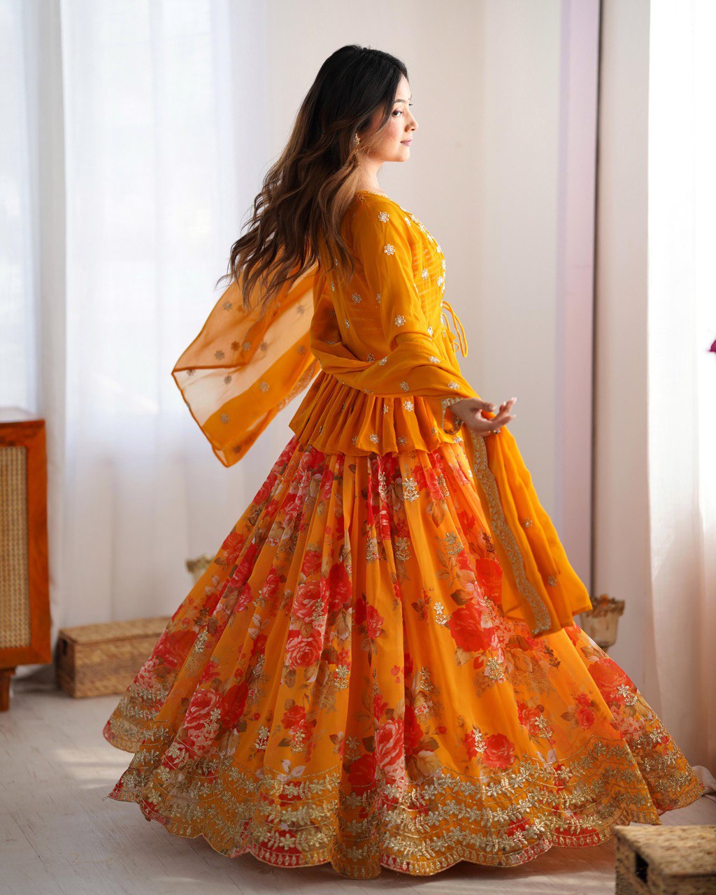 Designer Yellow Peplum Top & Floral Skirt Set - Festive & Occasion Wear
