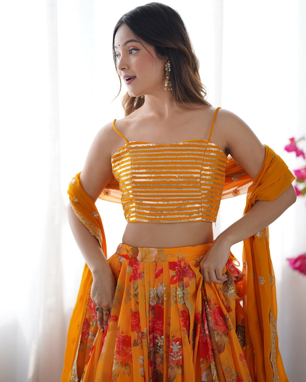 Designer Yellow Peplum Top & Floral Skirt Set - Festive & Occasion Wear