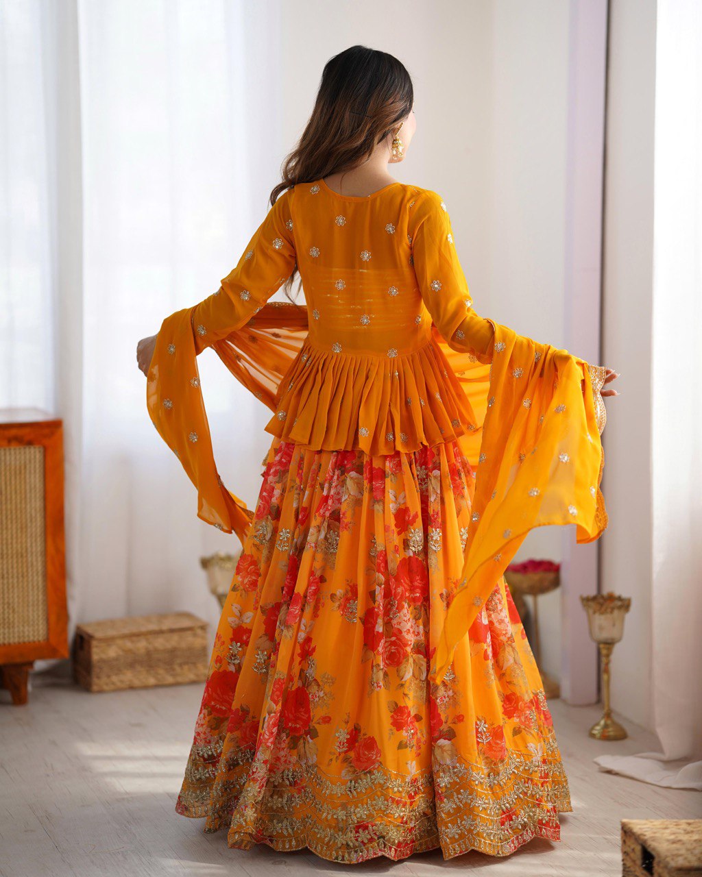 Designer Yellow Peplum Top & Floral Skirt Set - Festive & Occasion Wear