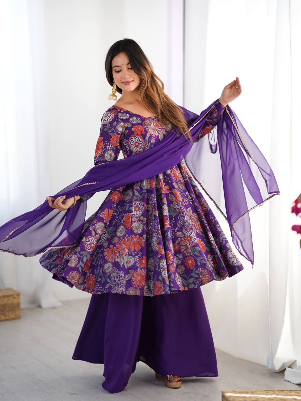 PRINT FABRIC FULLY FLAIR KEDIYA STYLE KURTA,WITH DUPPTA SET,PALAZZO