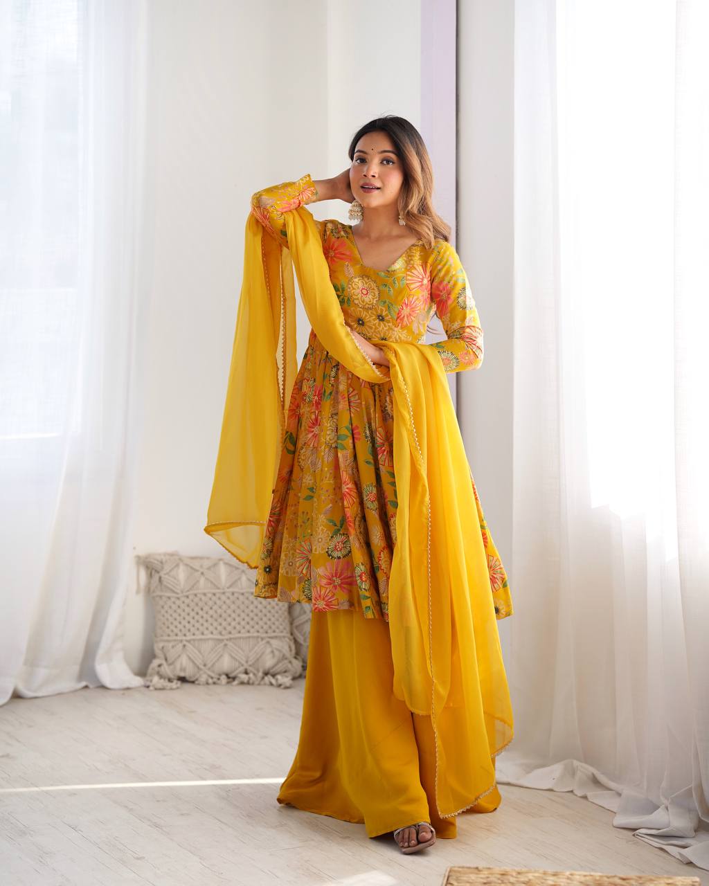 PRINT FABRIC FULLY FLAIR KEDIYA STYLE KURTA,WITH DUPPTA SET,PALAZZO