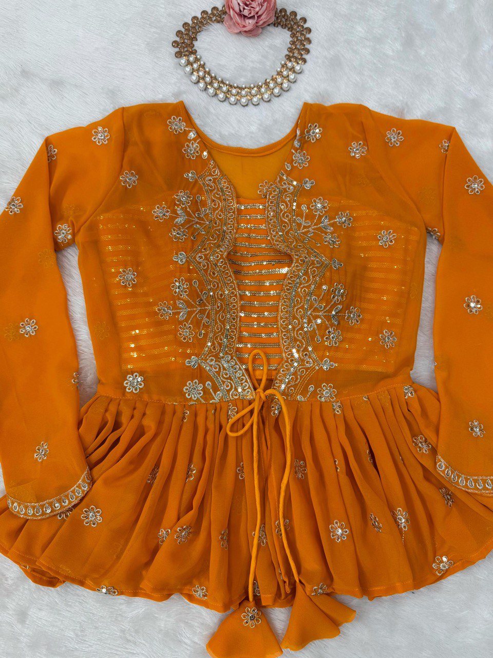 Designer Yellow Peplum Top & Floral Skirt Set - Festive & Occasion Wear