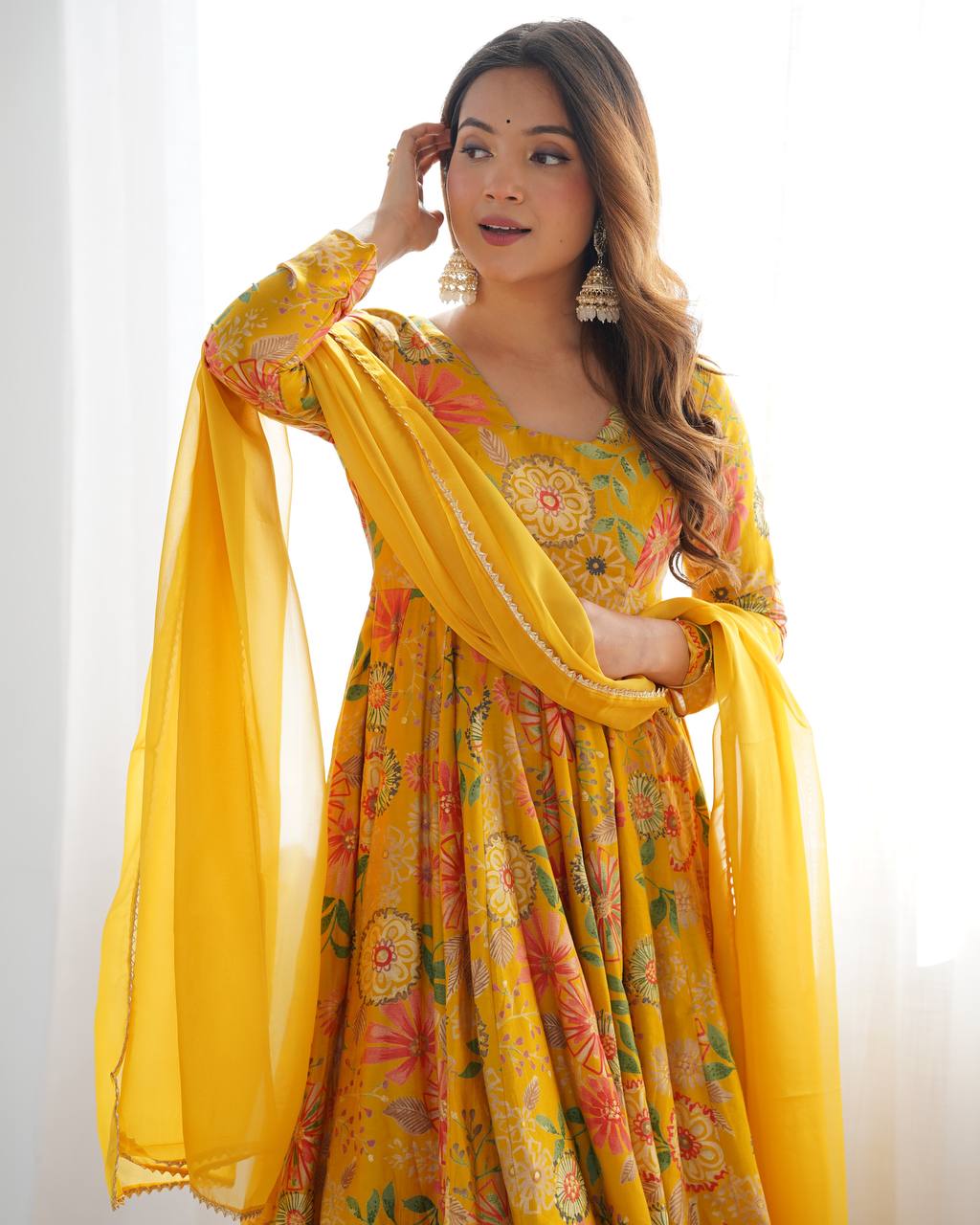 PRINT FABRIC FULLY FLAIR KEDIYA STYLE KURTA,WITH DUPPTA SET,PALAZZO