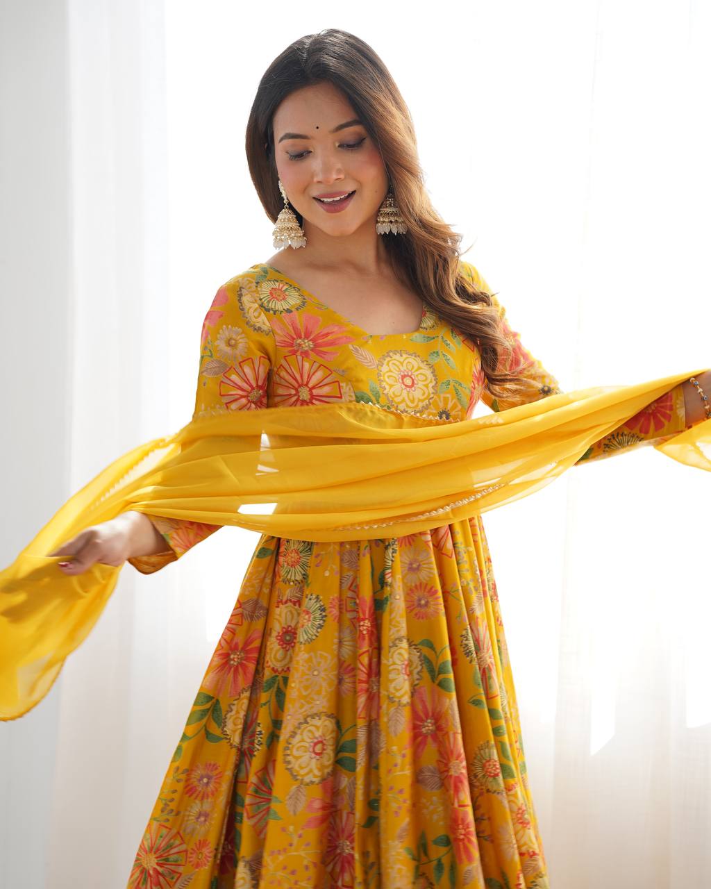 PRINT FABRIC FULLY FLAIR KEDIYA STYLE KURTA,WITH DUPPTA SET,PALAZZO