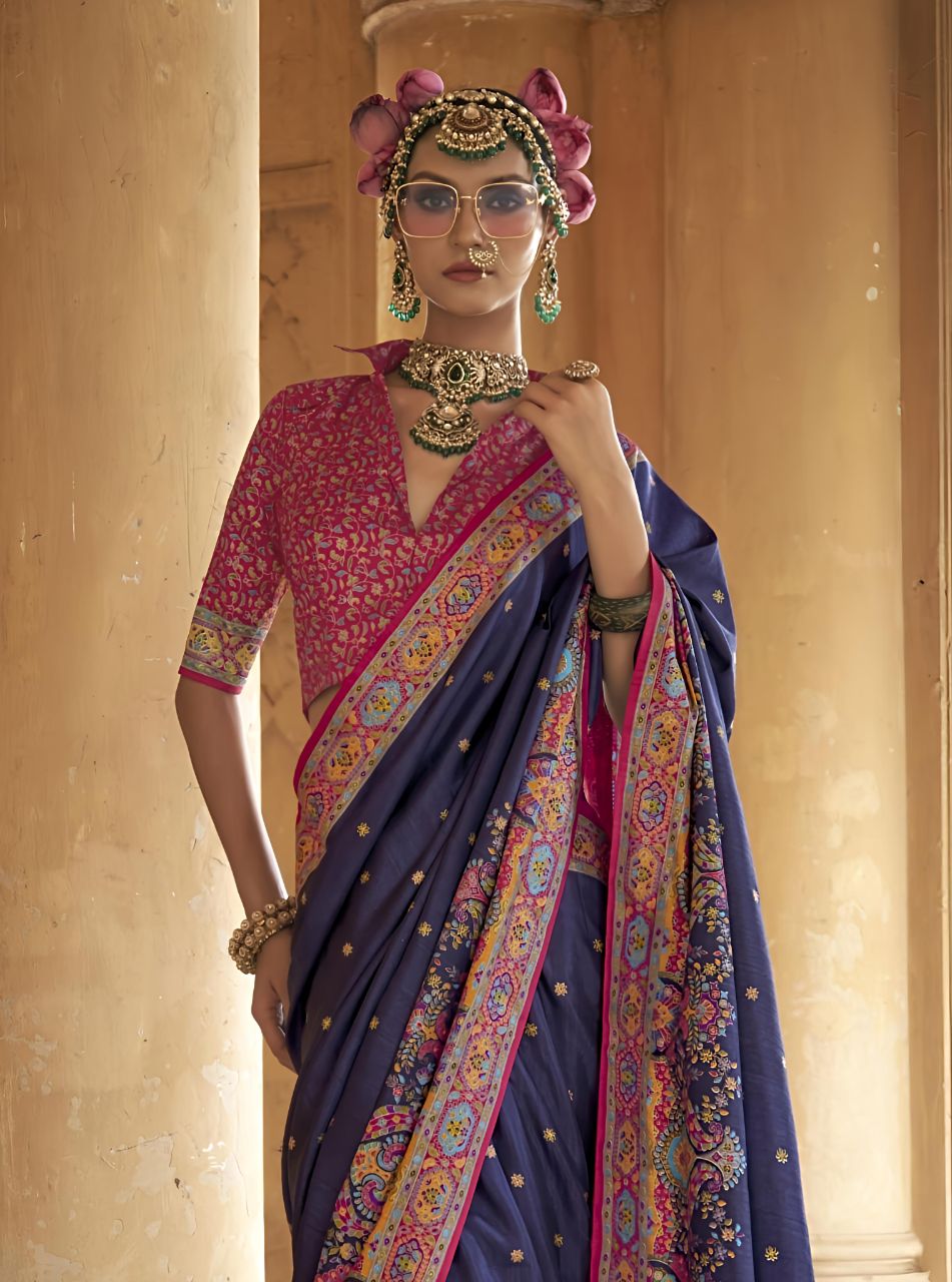 Majestic Midnight Blue Patola Printed Saree with Rich Pink Designer Blouse