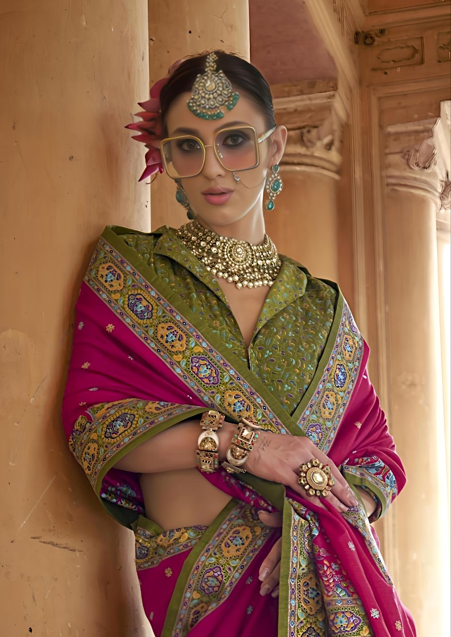 Royal Rani Pink Patola Printed Saree with Contrast Green Designer Blouse