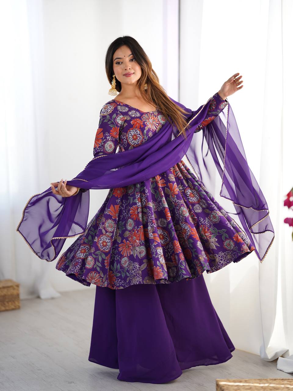 PRINT FABRIC FULLY FLAIR KEDIYA STYLE KURTA,WITH DUPPTA SET,PALAZZO