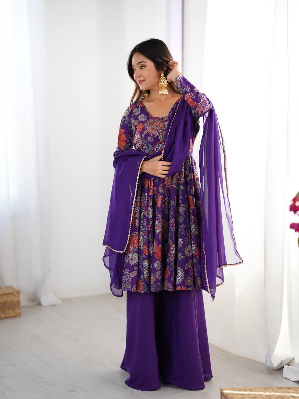 PRINT FABRIC FULLY FLAIR KEDIYA STYLE KURTA,WITH DUPPTA SET,PALAZZO