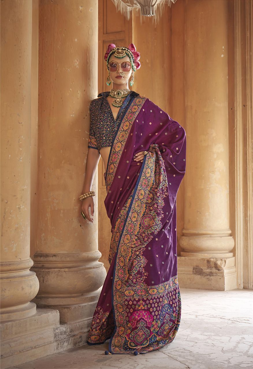 Royal Plum Purple Patola Printed Saree with Elegant Blue Floral Blouse