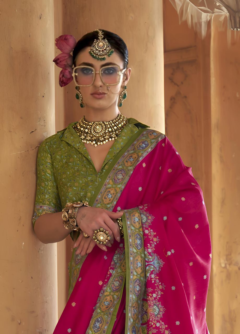 Royal Rani Pink Patola Printed Saree with Contrast Green Designer Blouse