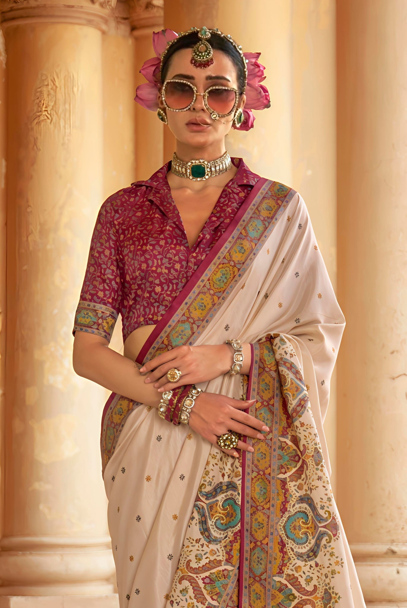 Royal Ethnic Cream Saree with Multicolor Patola-Style Pallu and Printed Blouse