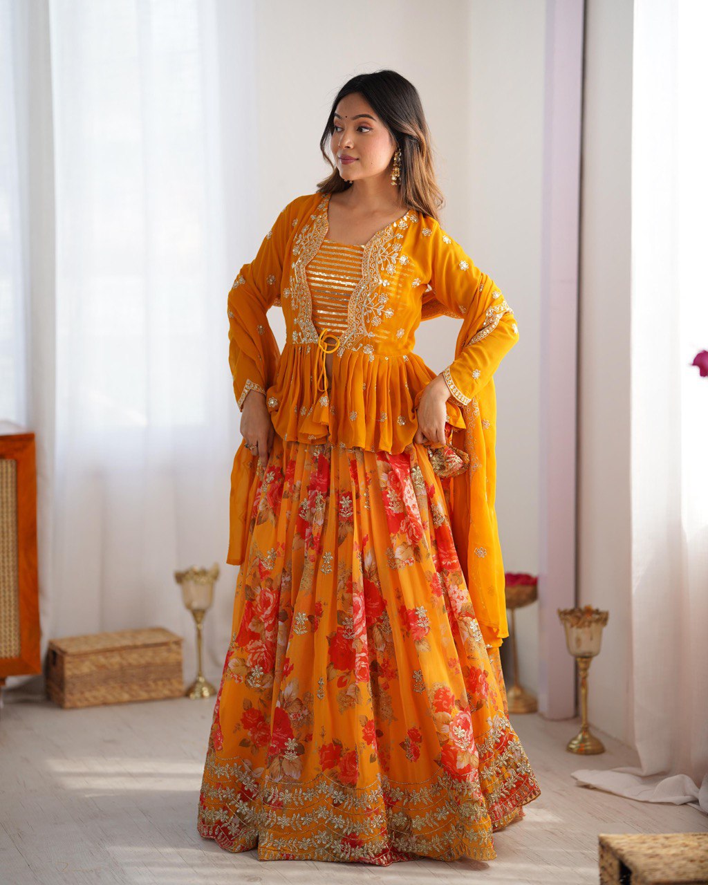 Designer Yellow Peplum Top & Floral Skirt Set - Festive & Occasion Wear