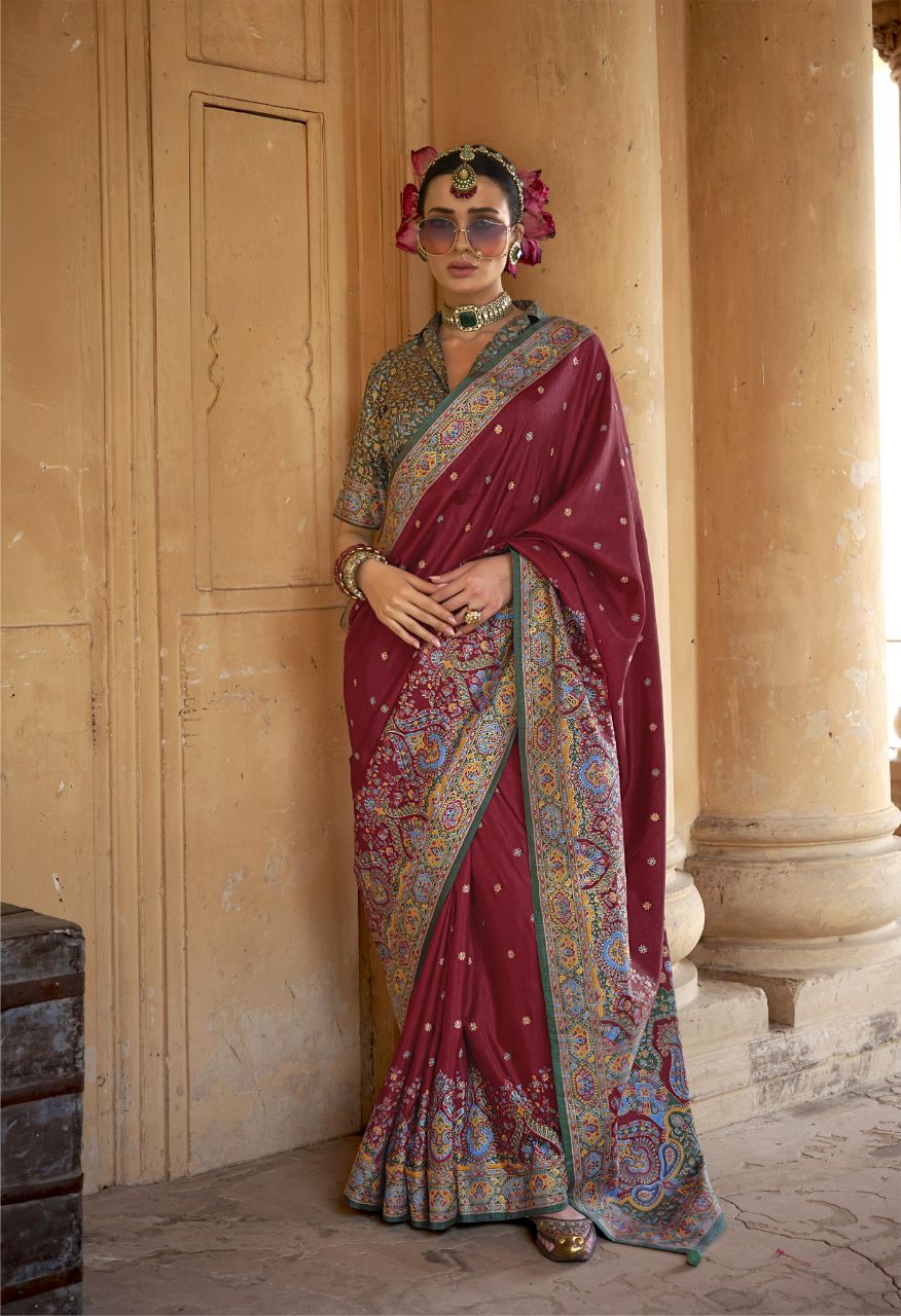 Classic Maroon Patola Print Saree with Teal Green Floral Designer Blouse
