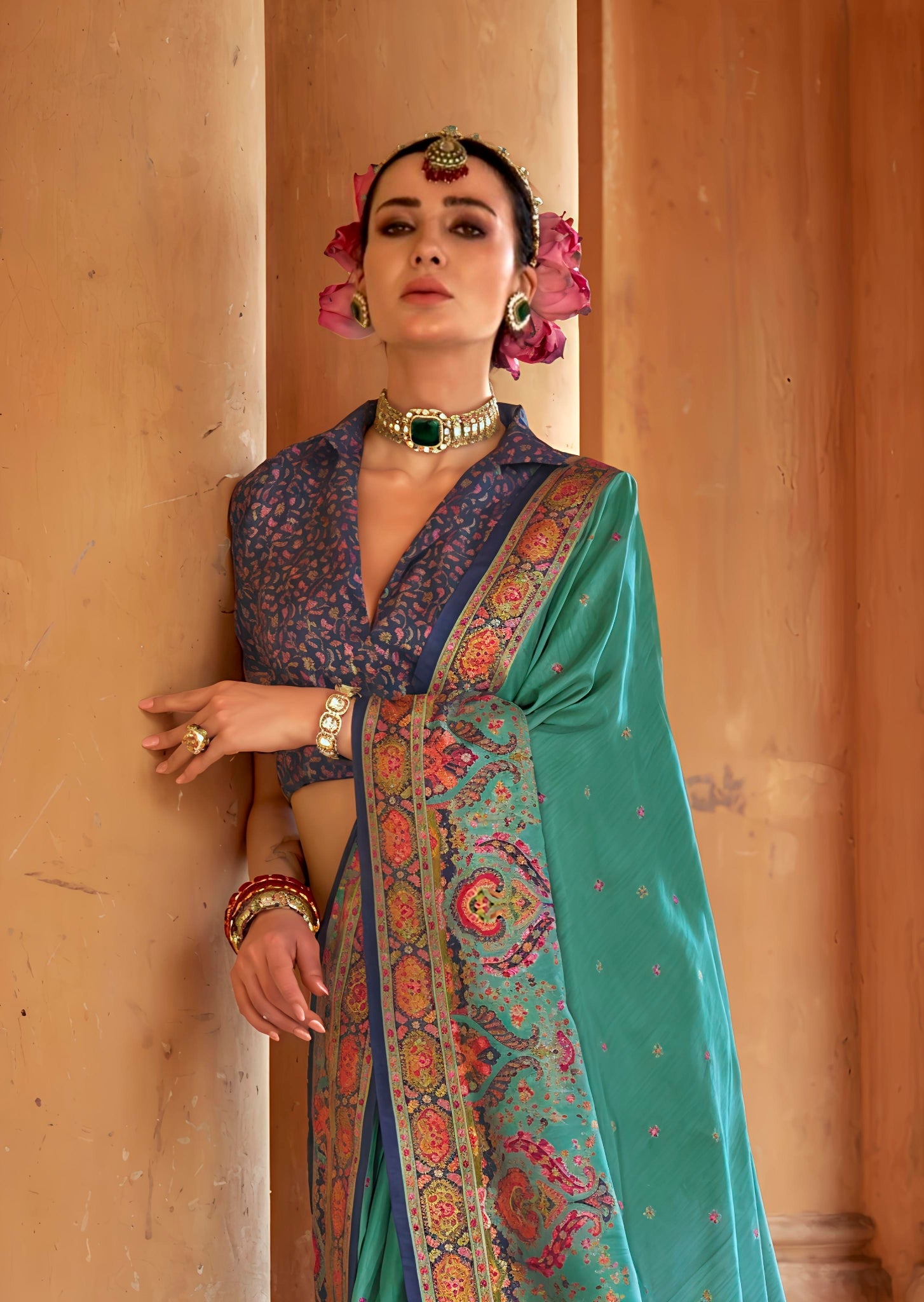 Elegant Teal Patola Printed Saree with Contrast Designer Blouse